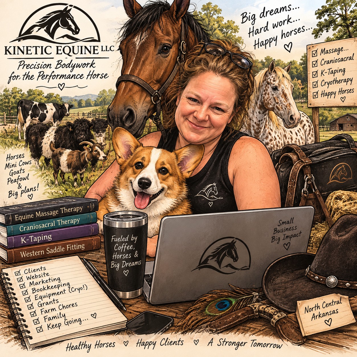 Illustration of Stacy McCullar embracing a corgi, surrounded by horses and farm animals, with Kinetic Equine branding.